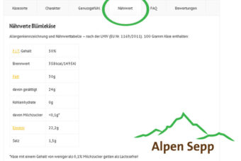 Nutritional value of cheese in the Alps Sepp cheese shop