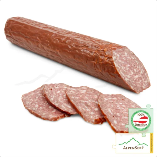 MOUNTAIN SALAMI | BERGSALAMI | Made from beef and pork | mild Austrian PREMIUM sausage from the Alpine region | 1 stick 2 MOUNTAIN SALAMI | Made from beef and pork | mild Austrian PREMIUM sausage from the Alpine region | 1 stick Bergsalami
