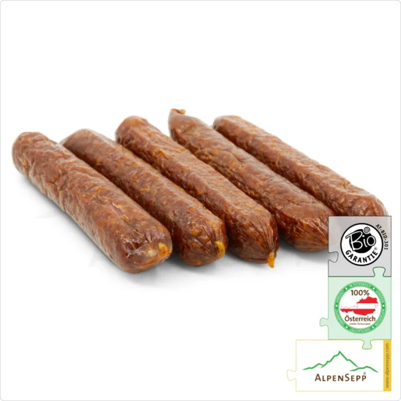 ORGANIC JUNIOR SNACKER Beef Sausage | BIO JUNIORBEISSER | Austrian Raw sausage made from 100% beef | 100 grams 7 ORGANIC JUNIOR SNACKER Beef Sausage | Raw sausage made from 100% beef | 100 grams