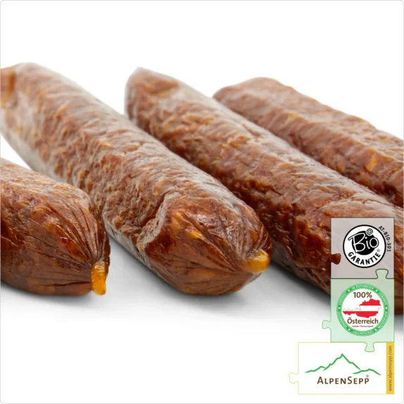 ORGANIC JUNIOR SNACKER Beef Sausage | BIO JUNIORBEISSER | Austrian Raw sausage made from 100% beef | 100 grams 8 ORGANIC JUNIOR SNACKER Beef Sausage | Raw sausage made from 100% beef | 100 grams