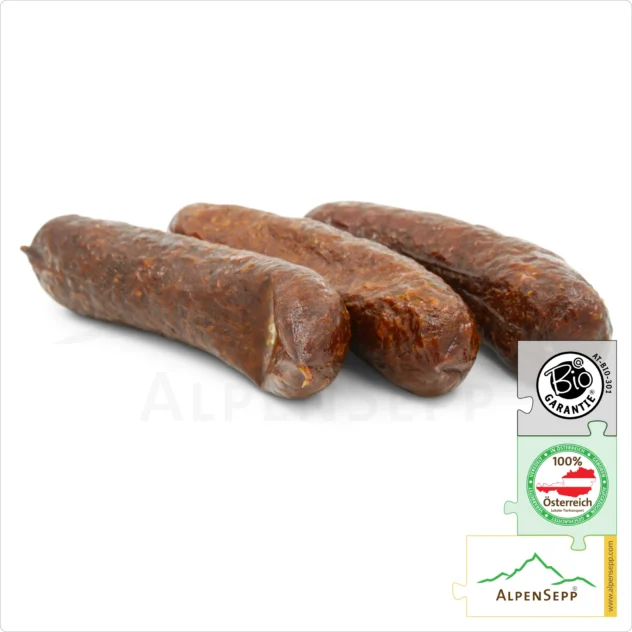 ORGANIC BEEF KAMINWURZEN | Austrian Kaminwurz Speciality | Smoked Raw Sausage made from 100% beef meat | 3 pieces – 150 grams