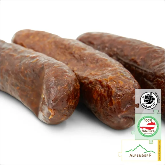 ORGANIC BEEF KAMINWURZEN | BIO RIND | Austrian Kaminwurz Speciality | Smoked Raw Sausage made from 100% beef meat | 3 pieces – 150 grams 12 ORGANIC BEEF KAMINWURZEN | Austrian Kaminwurz Speciality | Smoked Raw Sausage made from 100% beef meat | 3 pieces – 150 grams