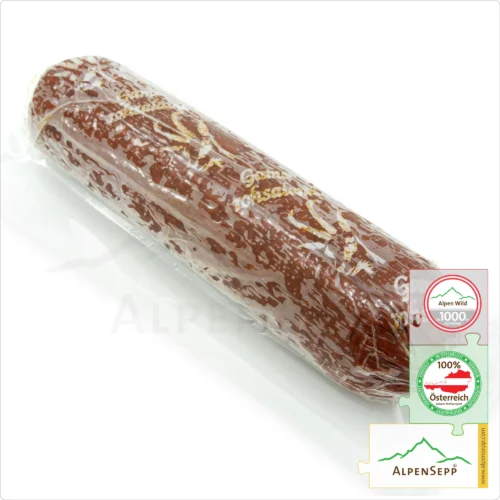 Salami Starter Pizza Box 'HUBERTUS' | Wild Salami for "Wild Pizzas" + Grated Cheese Mix | Ultimate enjoyment with 1minute.pizza 9 CHAMOIS SALAMI - Game sausage made from chamois | PREMIUM hard sausage from local alpine game chamois | 1 Stick Gamssalami