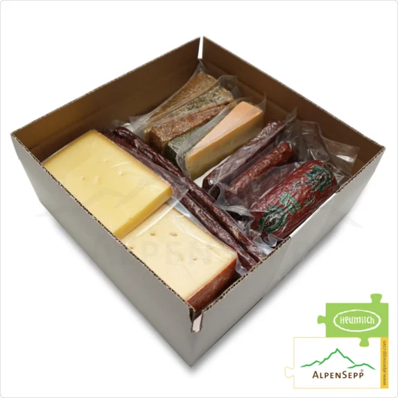 MIXED GIFT BOX » ALPENSEPP® « | GEMISCHTE GESCHENKBOX | Pleasure Box with Cheese + Sausage | Varied Delights for the Palate from the Austrian Alps | 3,3 kg 8 GIFT BASKET | GIFT BOX 'AlpenSepp' with cheese + sausage | varied delights for the palate from the Alps | 3.3 kg