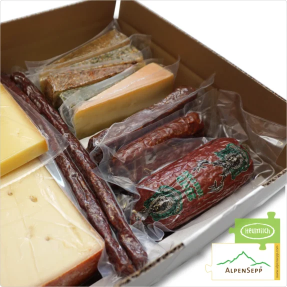 MIXED GIFT BOX » ALPENSEPP® « | GEMISCHTE GESCHENKBOX | Pleasure Box with Cheese + Sausage | Varied Delights for the Palate from the Austrian Alps | 3,3 kg 7 GIFT BASKET | GIFT BOX 'AlpenSepp' with cheese + sausage | varied delights for the palate from the Alps | 3.3 kg