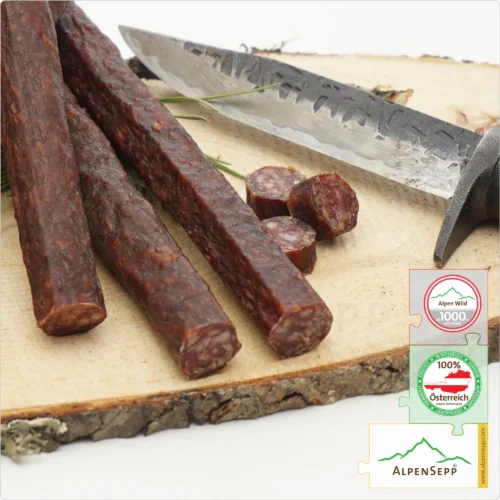 RED DEER BITER SAUSAGE | HIRSCHBEISSER | Raw sausage made from venison | Austrian PREMIUM smoked sausage from local red deer | 1 pair 9 SAUSAGE RED DEER BITER | Raw sausage made from venison | Austrian PREMIUM smoked sausage from local red deer | 1 pair | HIRSCHBEISSER