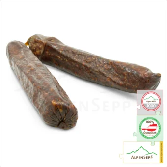 GENDARME FROM RED DEER | Raw sausage, cured sausage from venison | Austrian PREMIUM hard sausage from Alpine red deer | 1 pair | Hirschlandjäger