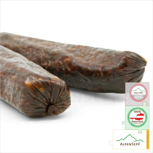 GENDARME FROM RED DEER | HIRSCHLANDJÄGER | Raw sausage, cured sausage from venison | Austrian PREMIUM hard sausage from Alpine red deer | 1 pair 9 GENDARME FROM RED DEER | Raw sausage, cured sausage from venison | Austrian PREMIUM hard sausage from Alpine red deer | 1 pair | Hirschlandjäger