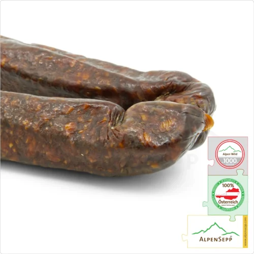 GENDARME FROM RED DEER | HIRSCHLANDJÄGER | Raw sausage, cured sausage from venison | Austrian PREMIUM hard sausage from Alpine red deer | 1 pair 7 GENDARME FROM RED DEER | Raw sausage, cured sausage from venison | Austrian PREMIUM hard sausage from Alpine red deer | 1 pair | Hirschlandjäger