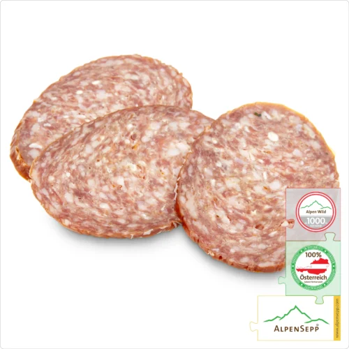 RED DEER SALAMI | HIRSCHSALAMI | Sausage made from red deer venison | Austrian PREMIUM salami from local alpine deer game | 1 stick | Hirschsalami 7 RED DEER SALAMI – Sausage made from red deer venison | Austrian PREMIUM salami from local alpine deer game | 1 stick | Hirschsalami