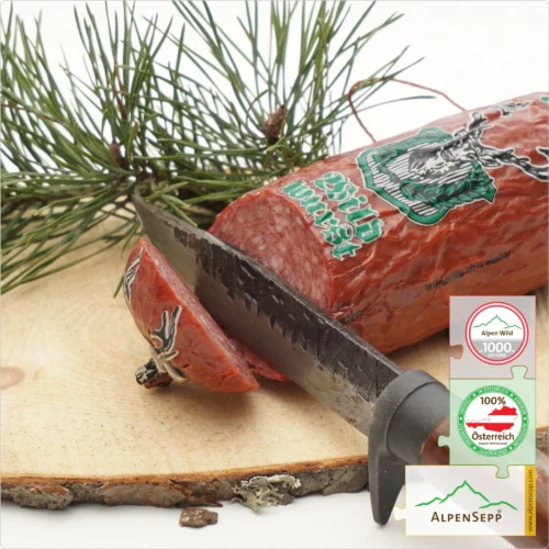 RED DEER SAUSAGE | HIRSCHWURST | Hot-smoked game sausage | Austrian PREMIUM sausage from local wild game | 1 stick 9 RED DEER SAUSAGE | Hot-smoked game sausage | Austrian PREMIUM sausage from local wild game | 1 stick | Hirschwurst