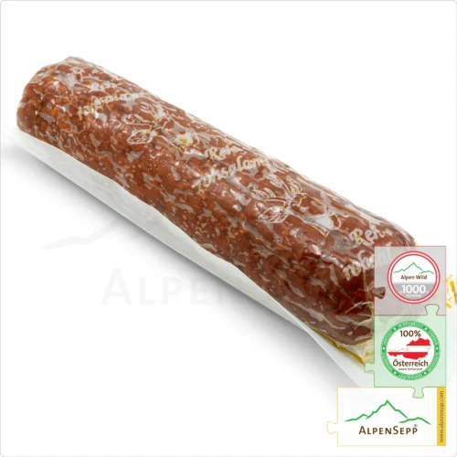 Salami Starter Pizza Box 'HUBERTUS' | Wild Salami for "Wild Pizzas" + Grated Cheese Mix | Ultimate enjoyment with 1minute.pizza 10 DEER SALAMI – Game salami made from roe deer | Austrian PREMIUM hard sausage from local alpine deer | 1 stick | Rehsalami