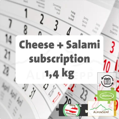 SUBSCRIPTION MOUNTAIN CHEESE, SEMI-HARD CHEESE + WILD SALAMI | 1,4 kg with Alternating Cheese and Sausage Variety | with Flexible Subscription Term