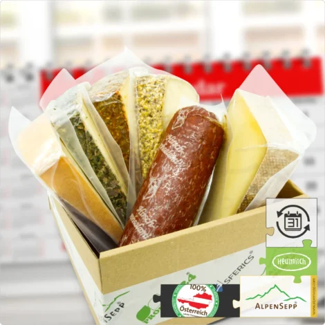 SUBSCRIPTION MOUNTAIN CHEESE, SEMI-HARD CHEESE + WILD SALAMI | 1,4 kg with Alternating Cheese and Sausage Variety | with Flexible Subscription Term