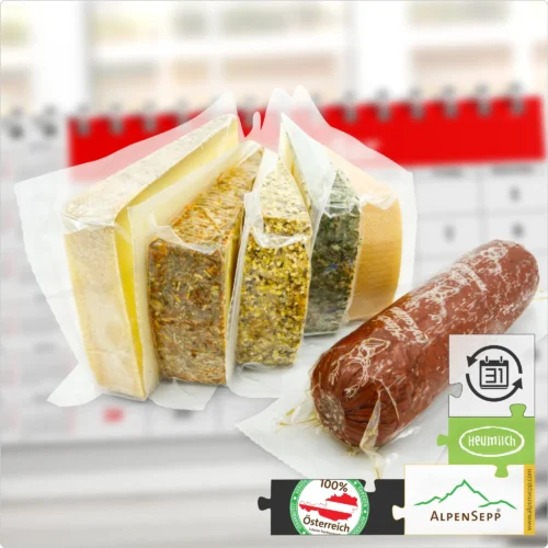 SUBSCRIPTION MOUNTAIN CHEESE, SEMI-HARD CHEESE + GAME SALAMI | 1,4 kg with Alternating Cheese and Sausage Variety | with Flexible Subscription Term 8 SUBSCRIPTION MOUNTAIN CHEESE, SEMI-HARD CHEESE + WILD SALAMI | 1,4 kg with Alternating Cheese and Sausage Variety | with Flexible Subscription Term