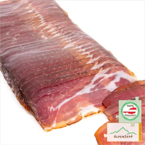 Sliced Enzianspeck | Richly Smoked & Air-Dried | 100% from Austria – 200 Grams – Juniper-Cured Premium Cuts, Lightly Smoked – Air-Dried Pork Neck cuts