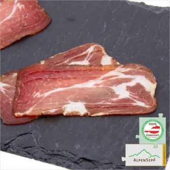 Sliced Enzianspeck | Richly Smoked & Air-Dried | 100% from Austria – 200 Grams – Juniper-Cured Premium Cuts, Lightly Smoked – Air-Dried Leg Cuts