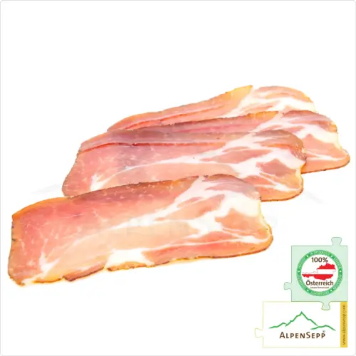 Sliced Enzianspeck (Gentian bacon) | Richly Smoked & Air-Dried | 100% from Austria – 200 Grams – Juniper-Cured Premium Cuts, Lightly Smoked – Air-Dried Pork Neck cuts