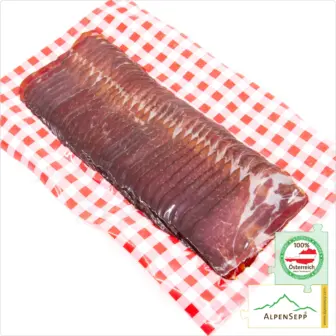 Sliced Enzianspeck (Gentian bacon) | Richly Smoked & Air-Dried | 100% from Austria – 200 Grams – Juniper-Cured Premium Cuts, Lightly Smoked – Air-Dried Leg Cuts